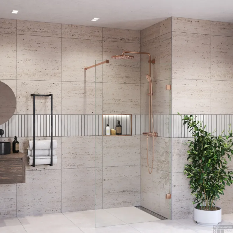 Inloopdouche BWS Portos Geborsteld Brons 60x200 cm Helder Glas 8 mm Nano Coating Seizoensaanbieding