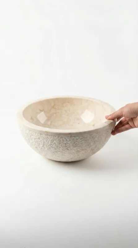Laatste Versie Soft Marmo Marmeren Waskom Wit – Ø40 cm – Met Unieke Gebeitelde Buitenzijde