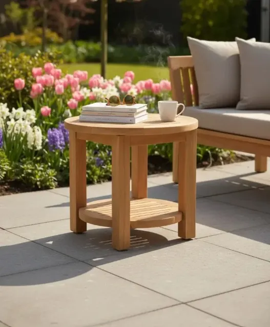 Gereduceerde Prijs Teak Tuin Bijzettafel Rond Ø 50 cm | Met Handig Onderblad | FSC Hout