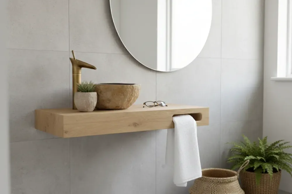Voordeelprijs Complete Wastafelset Athene – Massief Eikenhout – Messing Waskom & Kraan – 2K Waterproof – Inclusief Haaklat-montage
