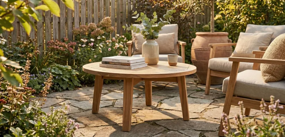 Lage Kosten Ronde teak tuin salontafel 80 cm massief teak FSC