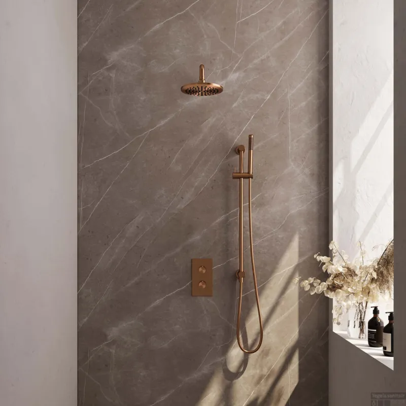 Beste Prijs Regendoucheset Inbouw Brauer Copper Carving Thermostatisch 20cm met 3-Weg Omstelling, Gebogen Wandarm, Glijstang en Staaf Handdouche Geborsteld Koper