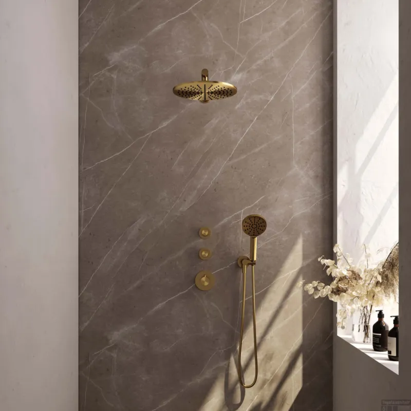 Regendoucheset Inbouw Brauer Gold Edition Thermostatisch 30cm met Wandarm en Handdouche 3-Standen Losse Stopkranen Geborsteld Goud Seizoensaanbieding