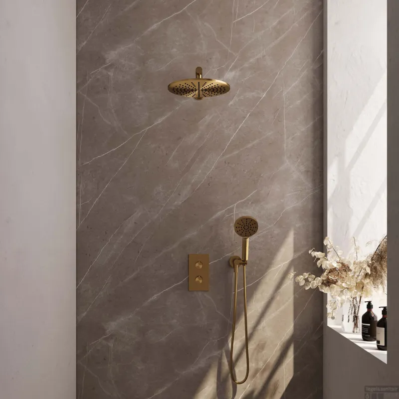 Regendoucheset Inbouw Brauer Gold Edition Thermostatisch 30cm met 3-Weg Omstelling, Wandarm en 3-Standen Handdouche Geborsteld Goud Populair