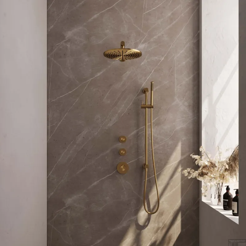 Regendoucheset Inbouw Brauer Gold Edition Thermostatisch 30cm met Wandarm, Glijstang en Handdouche Staaf Losse Stopkranen Geborsteld Goud Direct Beschikbaar