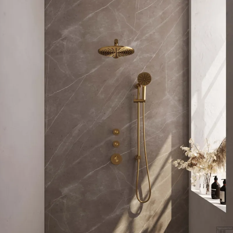 Regendoucheset Inbouw Brauer Gold Edition Thermostatisch 30cm met Wandarm, Glijstang en Handdouche 3-Standen Losse Stopkranen Geborsteld Goud Dagaanbieding