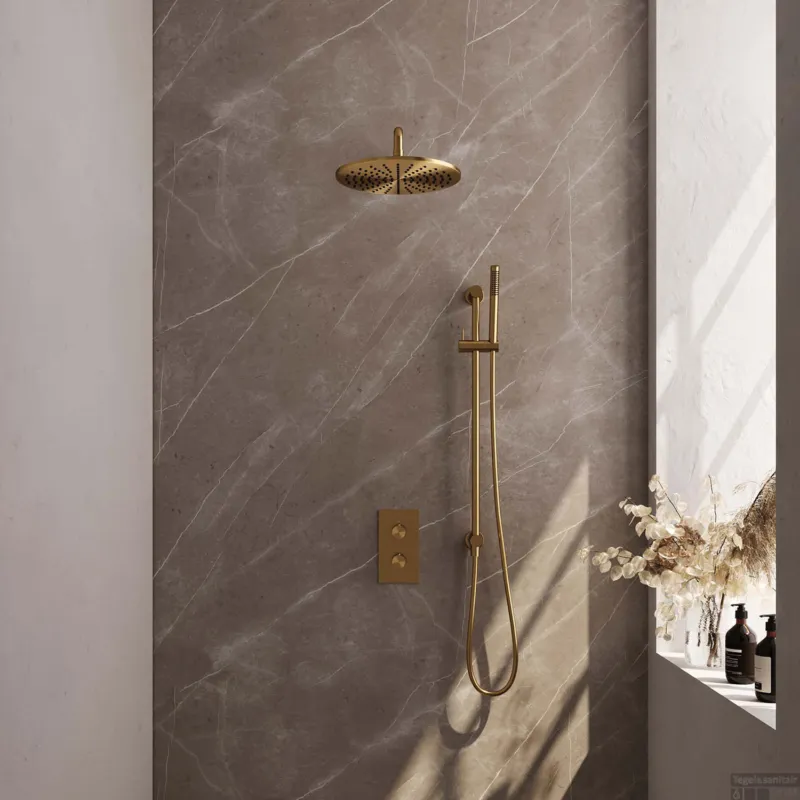 Regendoucheset Inbouw Brauer Gold Edition Thermostatisch 30cm met 3-Weg Omstelling, Gebogen Wandarm, Glijstang en Staaf Handdouche Geborsteld Goud Voordeelprijs