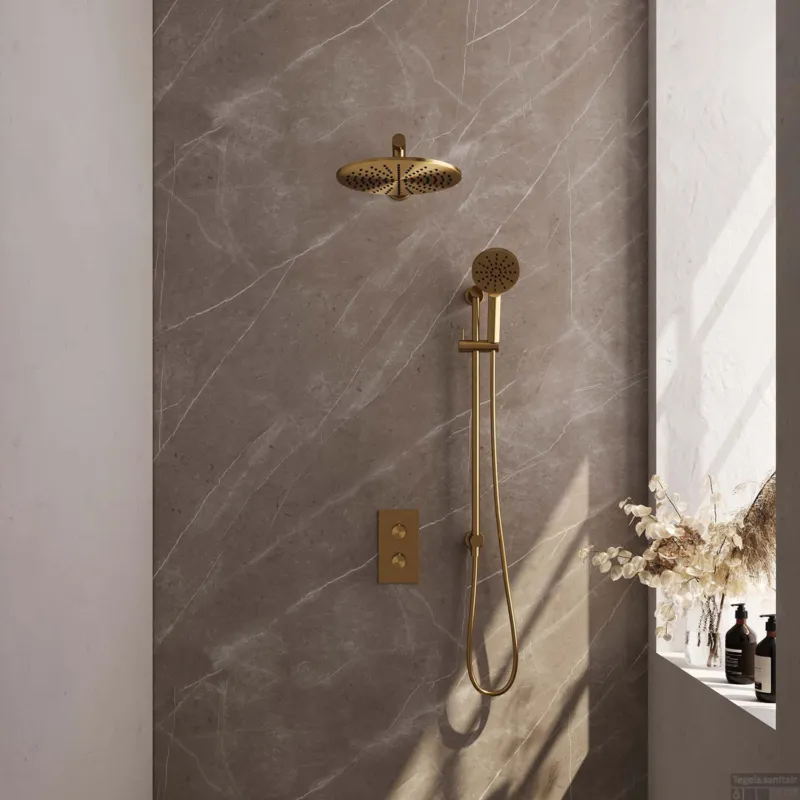 Nieuw Regendoucheset Inbouw Brauer Gold Edition Thermostatisch 30cm met 3-Weg Omstelling, Wandarm, Glijstang en 3-Standen Handdouche Geborsteld Goud