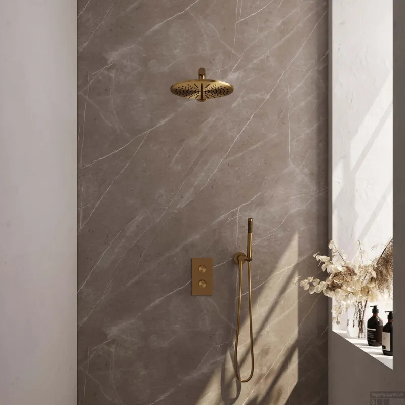 Dagaanbieding Regendoucheset Inbouw Brauer Gold Carving Thermostatisch 30cm met 3-Weg Omstelling, Wandarm en Staaf Handdouche Geborsteld Goud