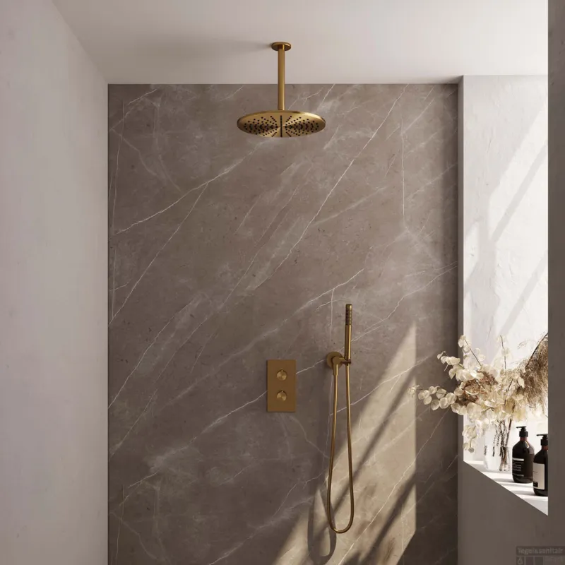 Regendoucheset Inbouw Brauer Gold Carving Thermostatisch 30cm met 3-Weg Omstelling, Plafondarm en Staaf Handdouche Geborsteld Goud Must-Have