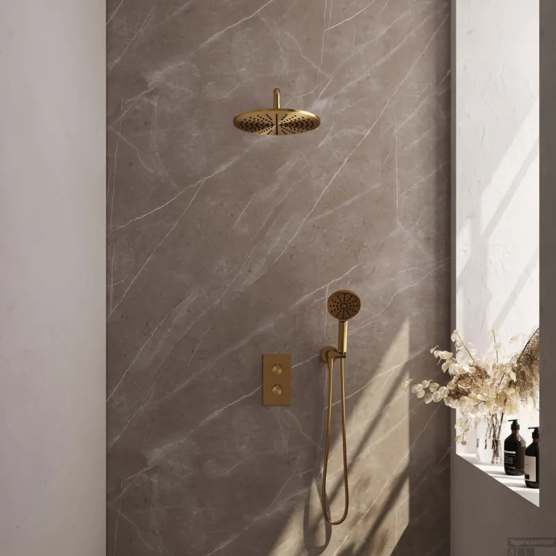 Regendoucheset Inbouw Brauer Gold Carving Thermostatisch 30cm met 3-Weg Omstelling, Gebogen Wandarm en 3-Standen Handdouche Geborsteld Goud Weekendaanbieding
