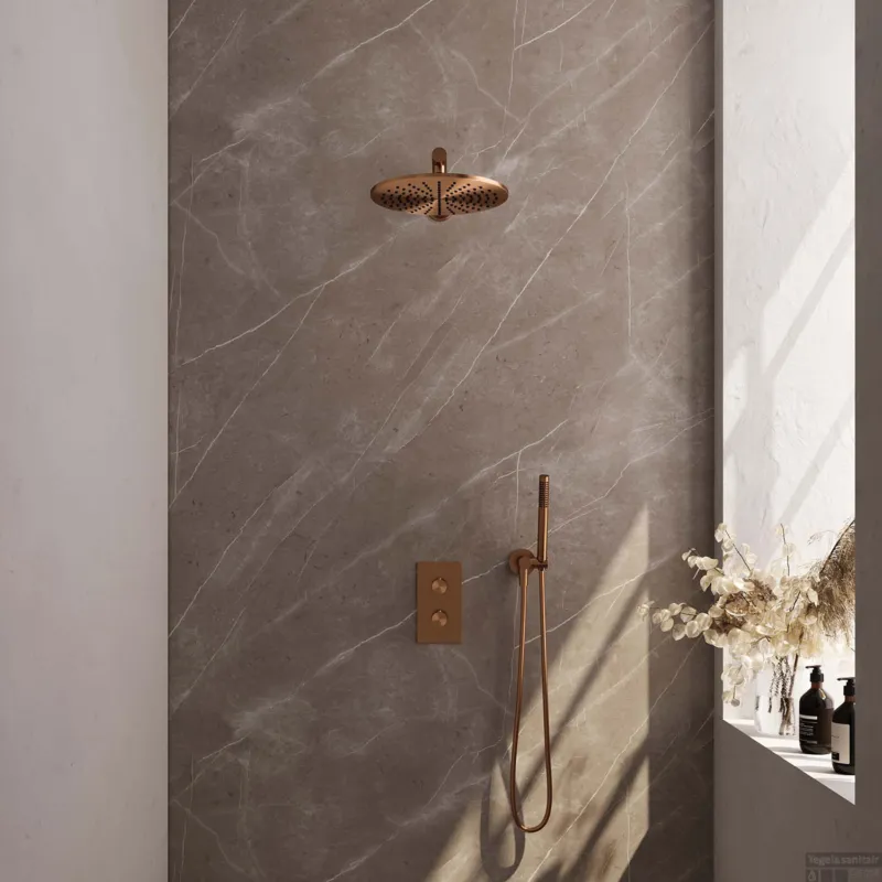 Hete Deal Regendoucheset Inbouw Brauer Copper Carving Thermostatisch 30cm met 3-Weg Omstelling, Wandarm en Staaf Handdouche Geborsteld Koper