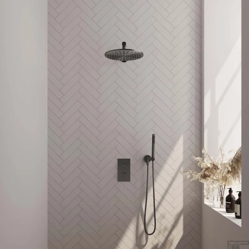 Koopje Regendoucheset Inbouw Brauer Gunmetal Carving Thermostatisch 30cm met 3-Weg Omstelling, Wandarm en Staaf Handdouche Geborsteld Gunmetal
