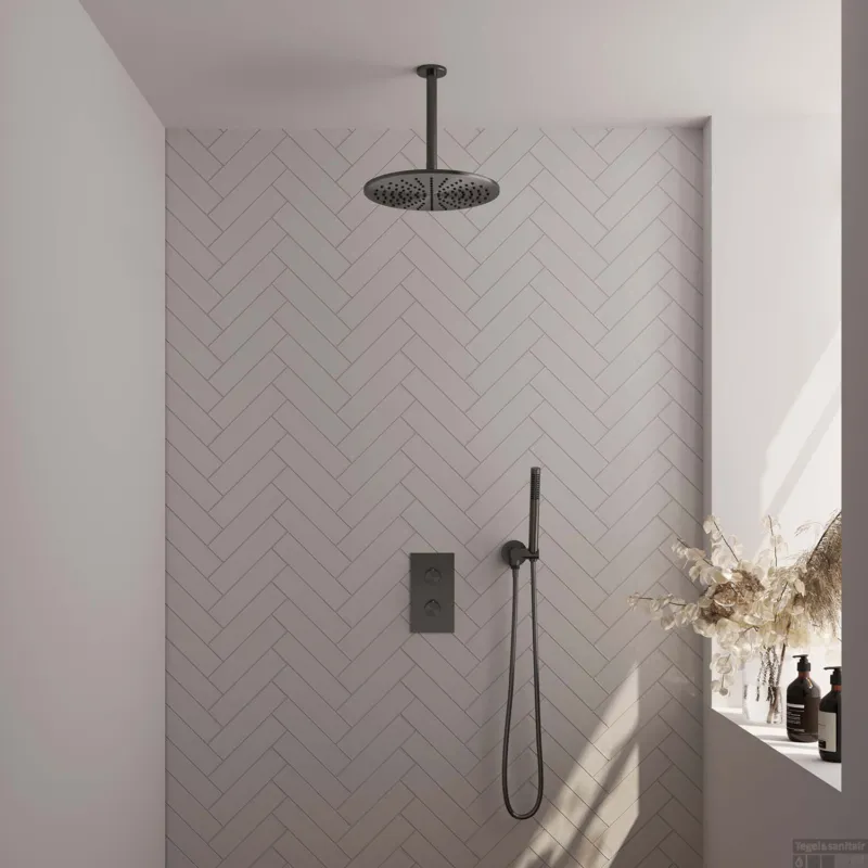 Gecertificeerd Regendoucheset Inbouw Brauer Gunmetal Carving Thermostatisch 30cm met 3-Weg Omstelling, Plafondarm en Staaf Handdouche Geborsteld Gunmetal