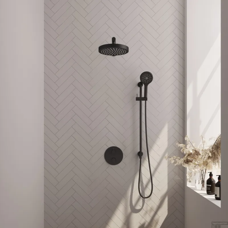 Alleen Vandaag Brauer Stripe thermostatische inbouw regendouche 3-weg rond SET 46 met 25 cm douchekop en rechte muurarm en 3-standen handdouche en doucheslang en geintegreerde glijstang mat zwart