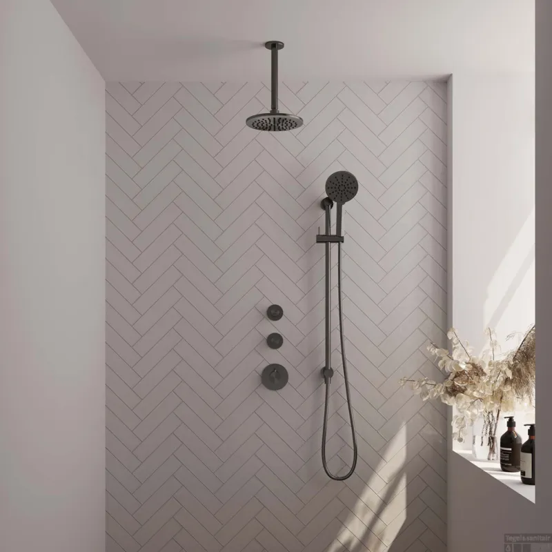 Regendoucheset Inbouw Brauer Gunmetal Carving Thermostatisch 20cm met Plafondarm, Glijstang en Handdouche 3-Standen Losse Stopkranen Geborsteld Gunmetal Veilige Betaling