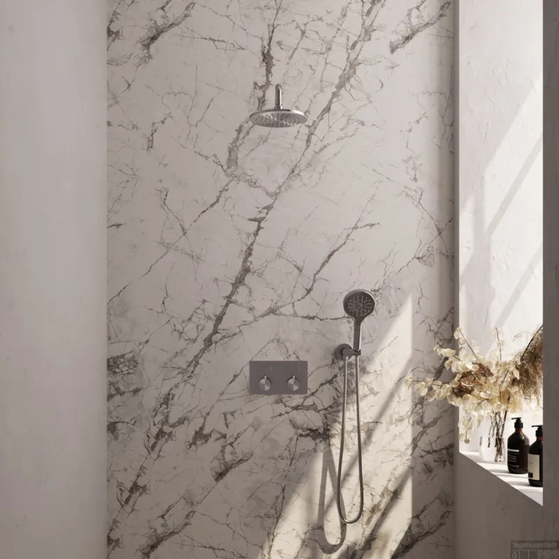 Betaalbaar Thermostatische Inbouw Regendouche Brauer Brushed Edition Met Drukknoppen SET 57 Met 20 Cm Douchekop En Gebogen Muurarm En 3-Standen Handdouche En Doucheslang En Wandaansluitbocht RVS Geborsteld PVD