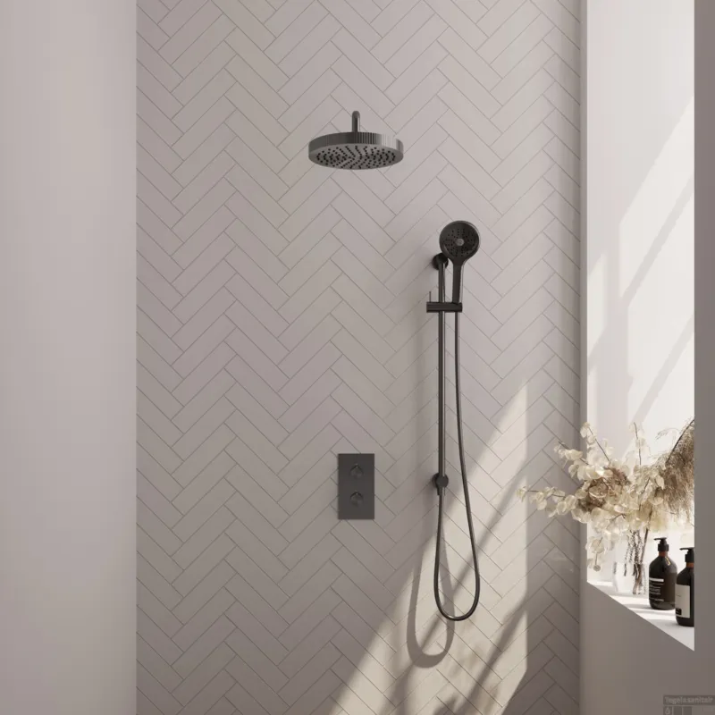 Veilige Betaling Brauer Stripe thermostatische inbouw regendouche 3-weg rechthoekig SET 23 met 25 cm douchekop en gebogen muurarm en 3-standen handdouche en doucheslang en geintegreerde glijstang gunmetal geborsteld PVD