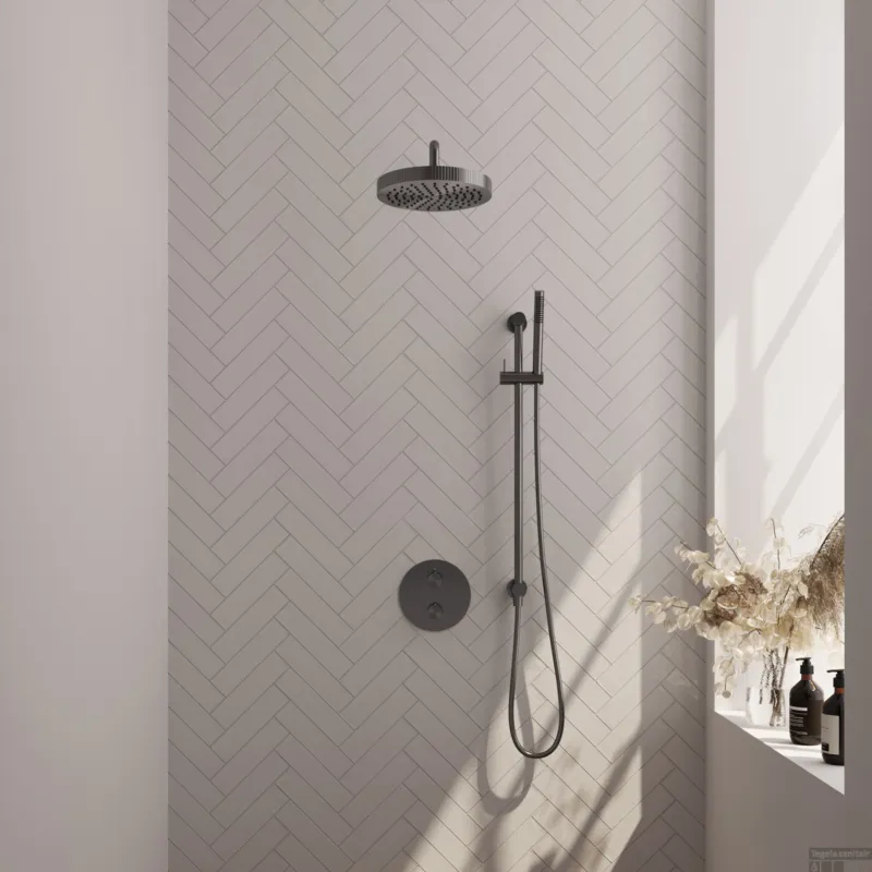 Premium Brauer Stripe thermostatische inbouw regendouche 3-weg rond SET 44 met 25 cm douchekop en gebogen muurarm en staaf handdouche en doucheslang en geintegreerde glijstang gunmetal geborsteld PVD