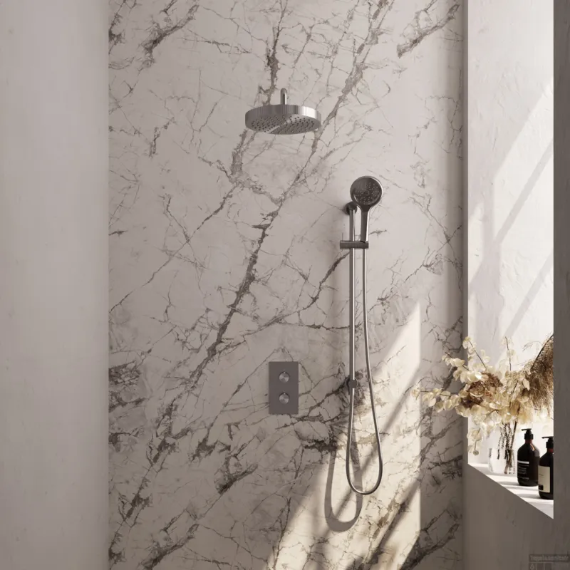 Snelle Levering Brauer Stripe thermostatische inbouw regendouche 3-weg rechthoekig SET 23 met 25 cm douchekop en gebogen muurarm en 3-standen handdouche en doucheslang en geintegreerde glijstang RVS-kleurig geborsteld PVD