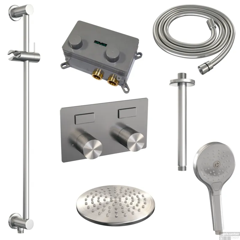 Koop Vandaag Thermostatische Inbouw Regendouche Brauer Carving Edition Met Drukknoppen SET 71 Met 20 cm Douchekop En Plafondarm En Staaf 3-Standen Handdouche En Doucheslang En Geintergreerde Glijstang RVS Geborsteld PVD