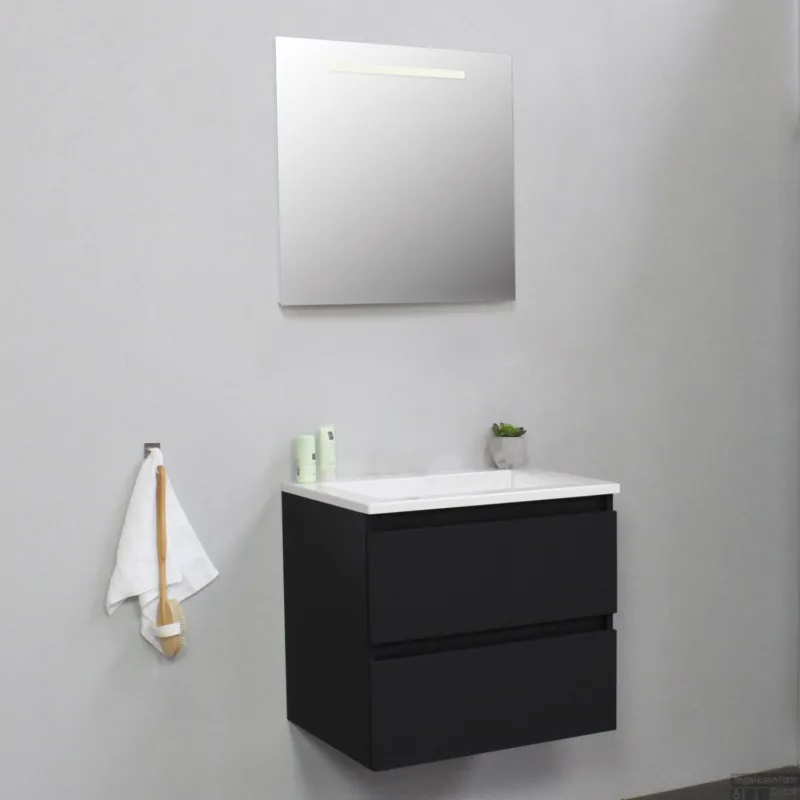 Badkamermeubel BWS Pepper Acryl Wastafel Zonder Kraangat Inclusief Spiegel Met LED Verlichting 60x55x46 cm Mat Zwart Populair