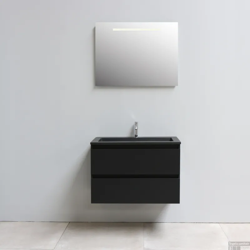 Betrouwbaar Badkamermeubel BWS Pepper Acryl Wastafel Mat Zwart Incl Spiegel Met LED Verlichting Met Kraangat 80x55x46 cm Mat Zwart