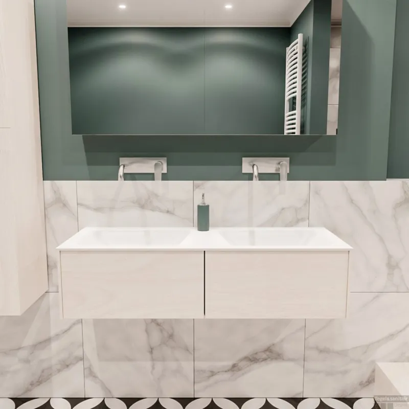 Badkamermeubel BWS Madrid Wit 120x45x30 cm Mat Witte Solid Surface Wastafel Dubbel (2 lades, 0 kraangaten) Speciale Aanbieding