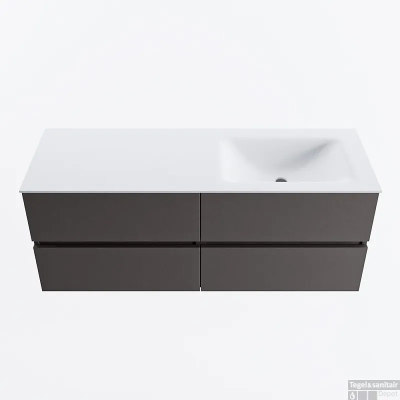 Laatste Versie MONDIAZ VICA 130cm badmeubel onderkast Dark Grey 4 lades. Wastafel CLOUD rechts zonder kraangat, kleur Talc.