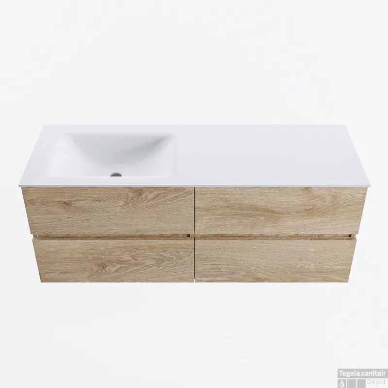 MONDIAZ VICA 130cm badmeubel onderkast Washed Oak 4 lades. Wastafel CLOUD links 1 kraangat, kleur Talc. Bestseller