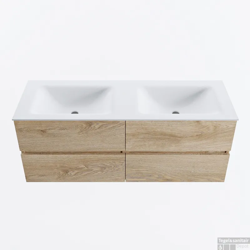 MONDIAZ VICA 130cm badmeubel onderkast Washed Oak 4 lades. Wastafel CLOUD dubbel 2 kraangaten, kleur Talc. Direct Verzonden