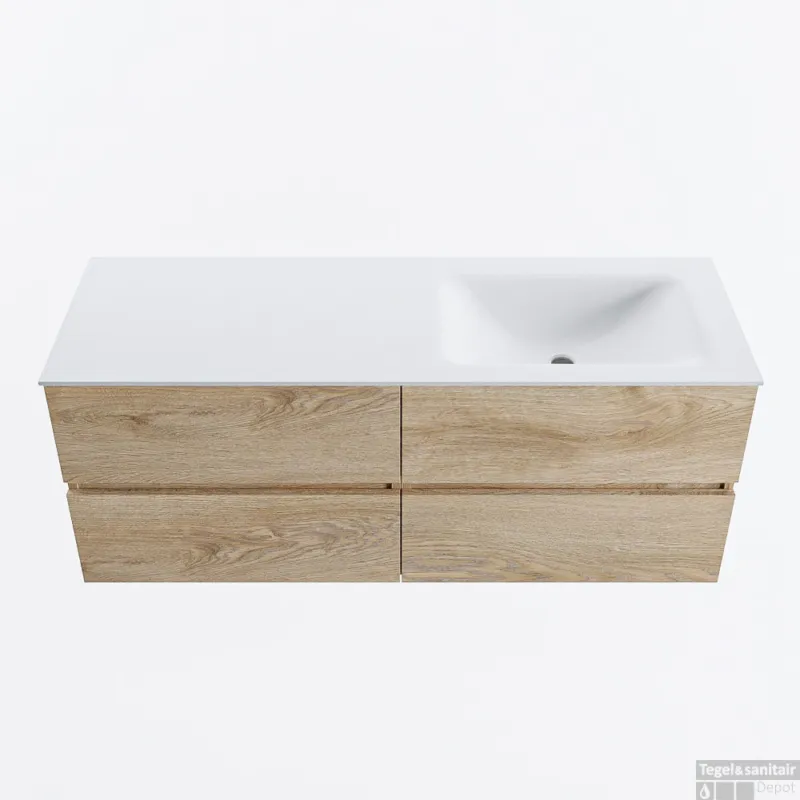MONDIAZ VICA 130cm badmeubel onderkast Washed Oak 4 lades. Wastafel CLOUD rechts zonder kraangat, kleur Talc. Dagaanbieding