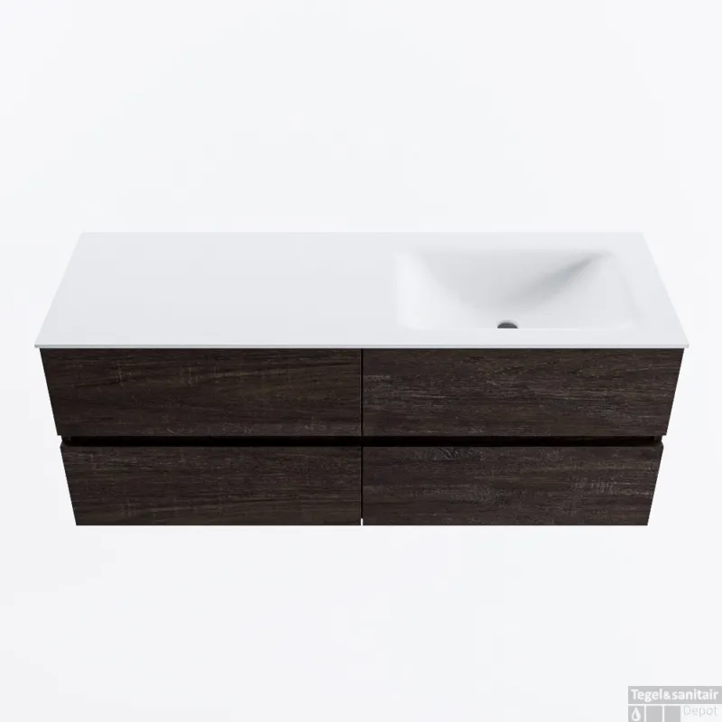 MONDIAZ VICA 130cm badmeubel onderkast Dark Brown 4 lades. Wastafel CLOUD rechts 1 kraangat, kleur Talc. Hoge Kwaliteit