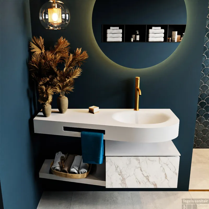 Voordeelprijs MONDIAZ RIVA 120cm badmeubel onderkast / planchet kleur carrara met 1 lade. Wastafel DULCET rechts 1 kraangat kleur Talc.