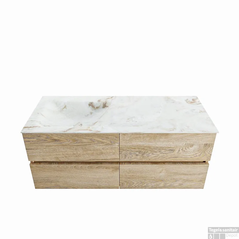 MONDIAZ VICA-DLUX 120cm badmeubel onderkast Washed Oak 4 lades. Inbouw wastafel CLOUD links 1 kraangat, kleur Frappe. Nieuw
