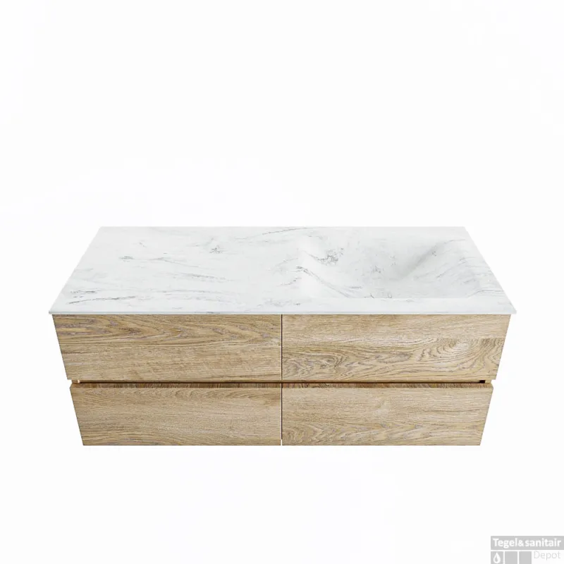 MONDIAZ VICA-DLUX 120cm badmeubel onderkast Washed Oak 4 lades. Inbouw wastafel CLOUD rechts zonder kraangat, kleur Opalo. Lage Prijs