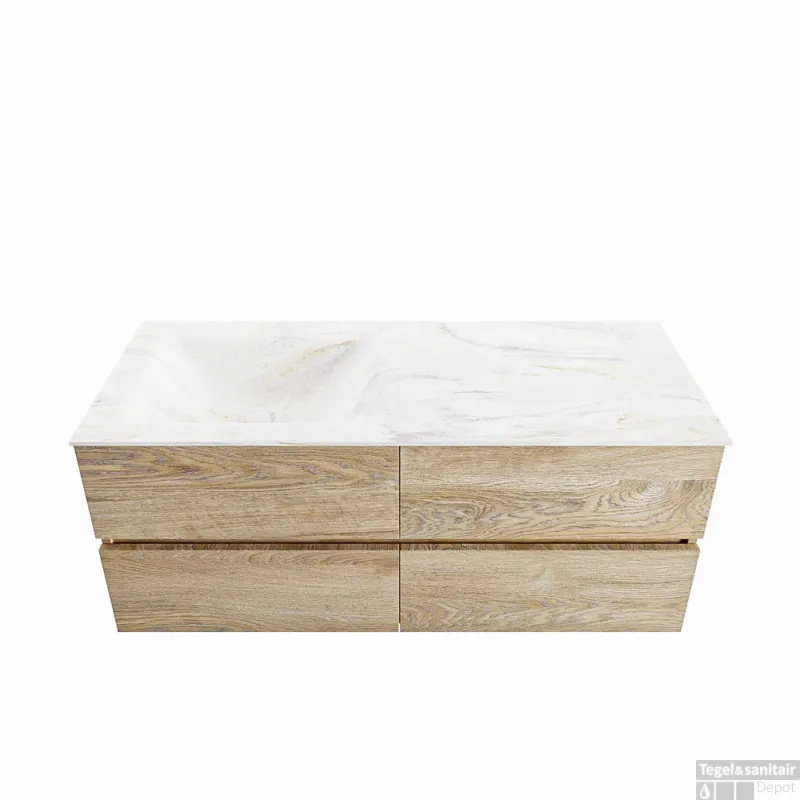 MONDIAZ VICA-DLUX 120cm badmeubel onderkast Washed Oak 4 lades. Inbouw wastafel CLOUD links zonder kraangat, kleur Ostra. Betaalbaar