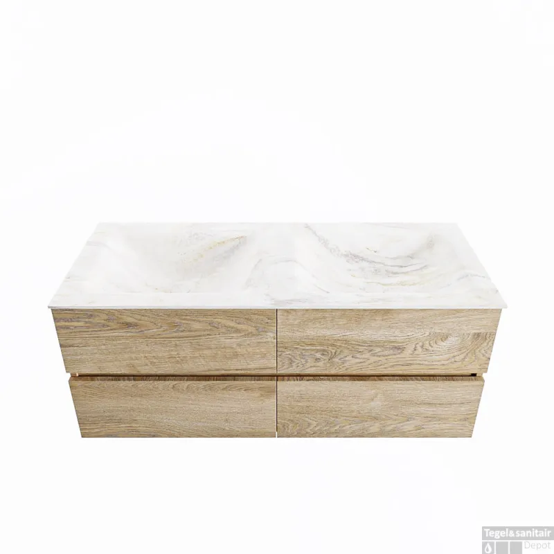 Direct Beschikbaar MONDIAZ VICA-DLUX 120cm badmeubel onderkast Washed Oak 4 lades. Inbouw wastafel CLOUD dubbel zonder kraangat, kleur Ostra.