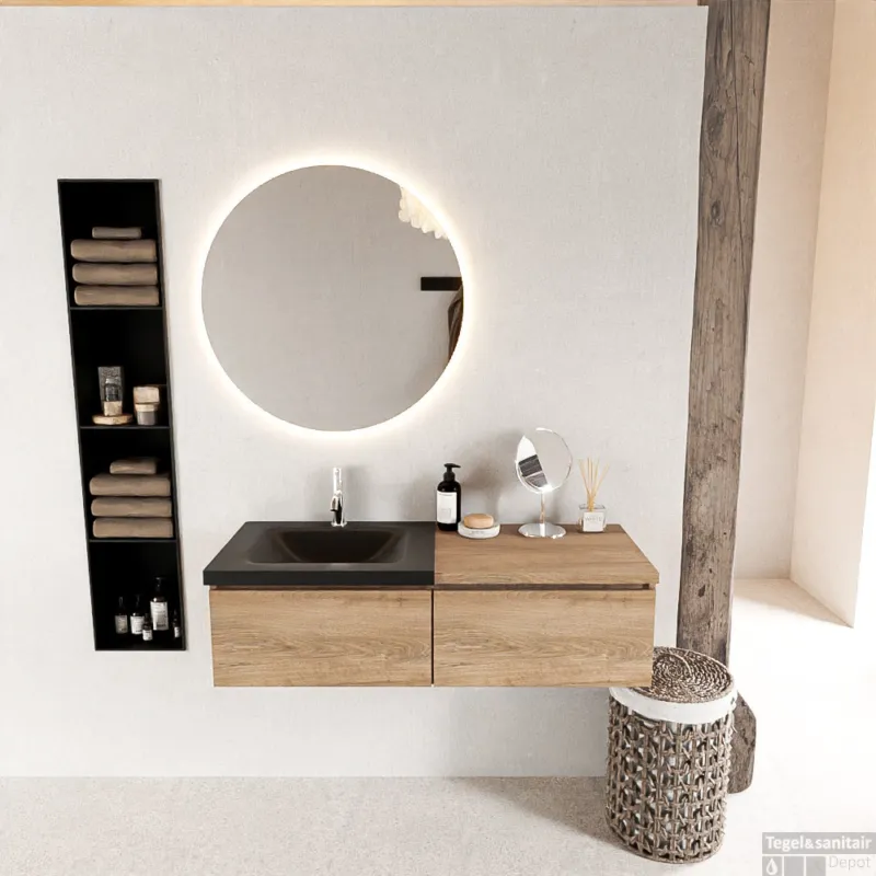 MONDIAZ BUKLA 120cm badmeubel met module 60 kleur Washed Oak met 2 lades. Wastafel CLOUD links 1 kraangat kleur Urban. Uitverkoop