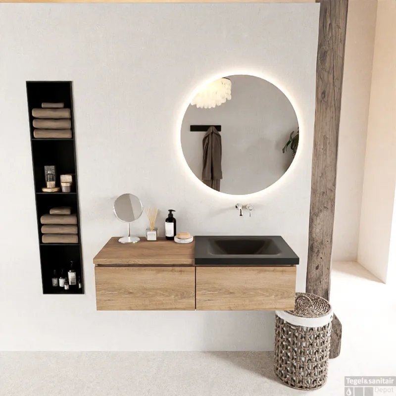 MONDIAZ BUKLA 120cm badmeubel met module 60 kleur Washed Oak met 2 lades. Wastafel CLOUD rechts 0 kraangaten kleur Urban. Actieprijs