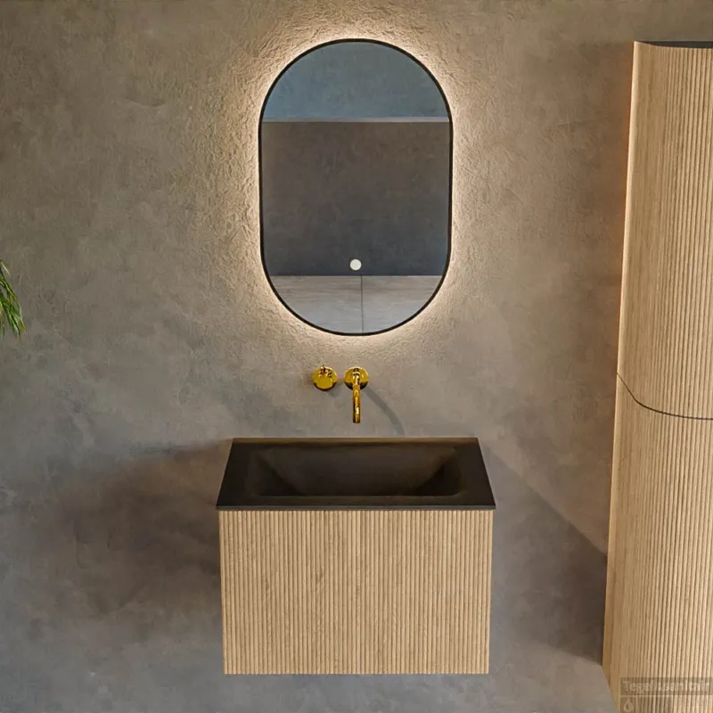 Mondiaz KURVE 60 cm Onderkast Greeploos 1 Lade Zonder Deuren Oak, Wastafel Solid Surface Midden Urban 0 Kraangaten Zonder Spiegel (KRVCLO601L0D0KM-Oak/Urb) Beperkte Voorraad