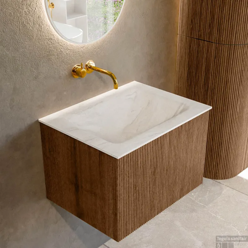 Mondiaz KURVE-DLUX 60 cm Onderkast Greeploos 1 Lade Zonder Deuren Walnut, Wastafel Solid Surface Midden Ostra 0 Kraangaten Zonder Spiegel (KRVCLO601L0D0KM-Wal/Ost) Hoge Kwaliteit