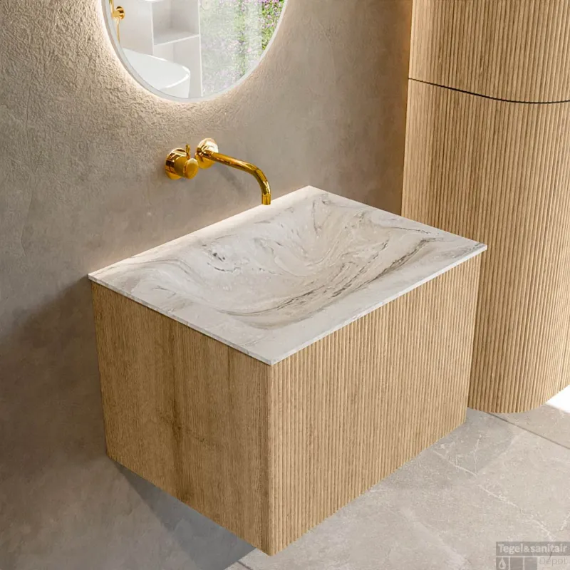 Snelle Levering Mondiaz KURVE-DLUX 60 cm Onderkast Greeploos 1 Lade Zonder Deuren Oak, Wastafel Solid Surface Midden Glace 0 Kraangaten Zonder Spiegel (KRVCLO601L0D0KM-Oak/Gla)