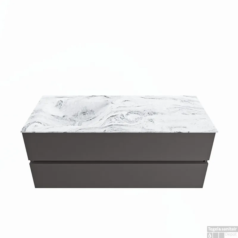 MONDIAZ VICA-DLUX 120cm badmeubel onderkast Dark grey 2 lades. Inbouw wastafel CLOUD links zonder kraangat, kleur Glace. Weekendaanbieding