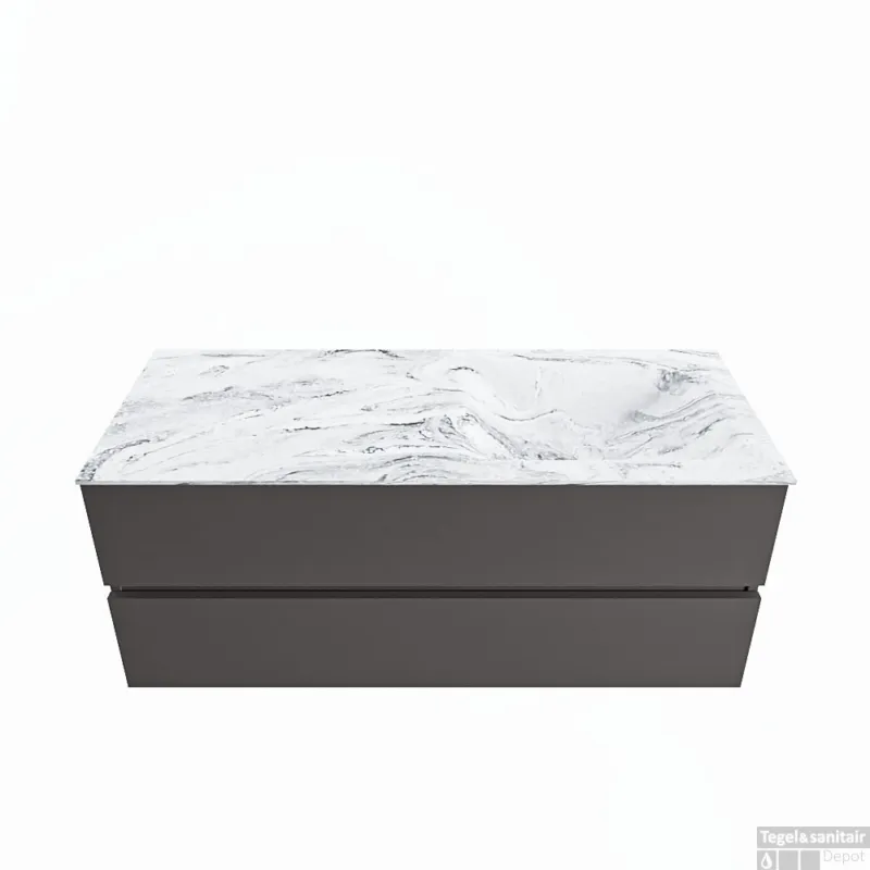 MONDIAZ VICA-DLUX 120cm badmeubel onderkast Dark grey 2 lades. Inbouw wastafel CLOUD rechts 1 kraangat, kleur Glace. Aanbieding