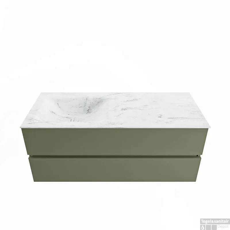 MONDIAZ VICA-DLUX 120cm badmeubel onderkast Army 2 lades. Inbouw wastafel CLOUD links zonder kraangat, kleur Opalo. Direct Verzonden