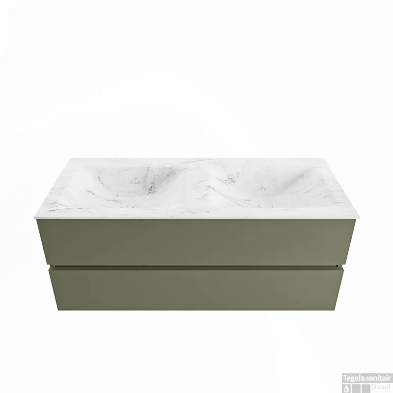 MONDIAZ VICA-DLUX 120cm badmeubel onderkast Army 2 lades. Inbouw wastafel CLOUD dubbel 2 kraangaten, kleur Opalo. Seizoensaanbieding