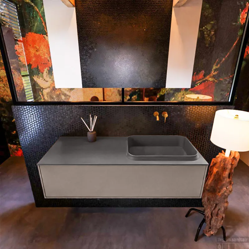 Merkproduct Badkamermeubelset Mondiaz Erin 120 cm met 1 Lade met RIDGE Wastafel Rechts Dark grey Zonder Kraangaten Greeploos Mat Smoke