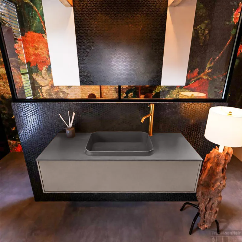 Beperkte Voorraad Badkamermeubelset Mondiaz Erin 120 cm met 1 Lade met RIDGE Wastafel Midden Dark grey met 1 kraangat Greeploos Mat Smoke