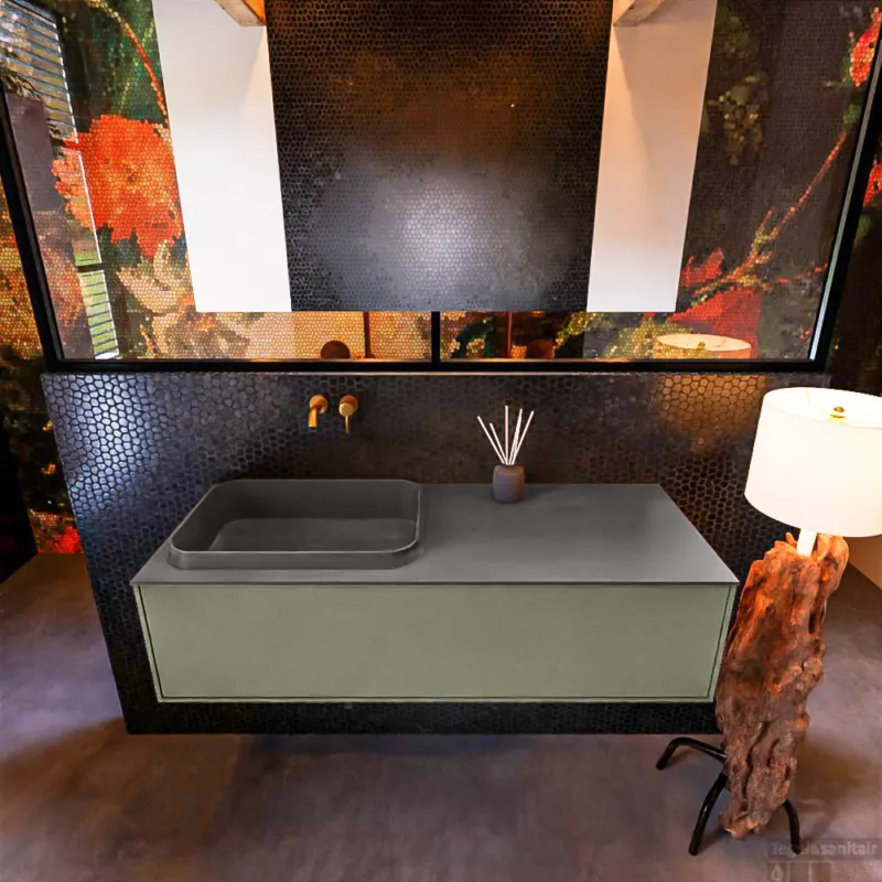 Badkamermeubelset Mondiaz Erin 120 cm met 1 Lade met RIDGE Wastafel Links Dark grey Zonder Kraangaten Greeploos Mat Army Actieprijs